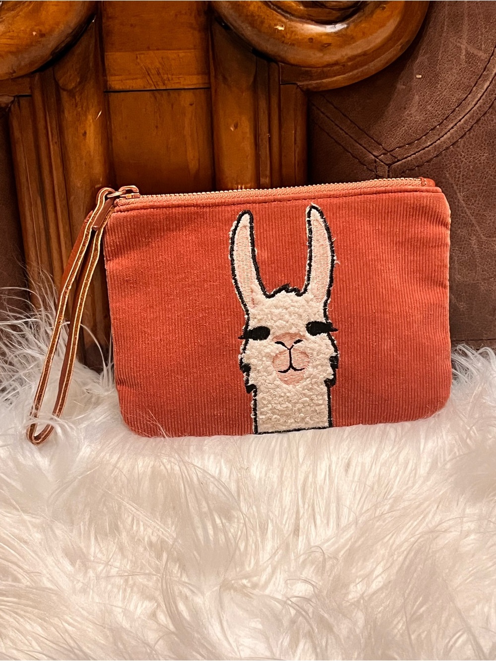 Coral Embroidered Llama Wristlet Clutch - Women's Bag